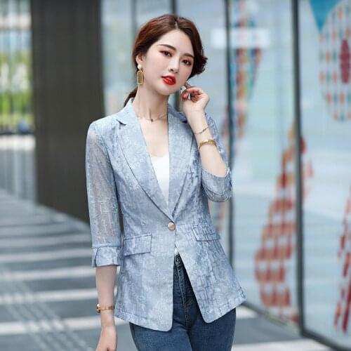 Ladies Office Elegant Lace Half Sleeve Blazers Jackets Coat Spring Summer Women Business Work Wear OL Styles Outwear Tops Blaser