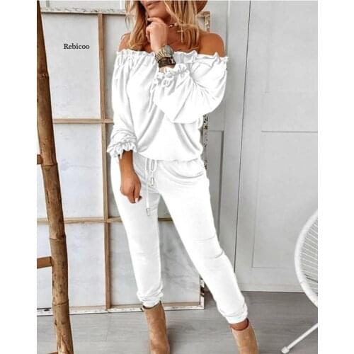 Women Spring Solid Off Shoulder Long Sleeve Drawstring Frill Hem Jumpsuit Casual Ruffles Female Clothing