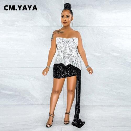CM.YAYA Women Mini Dress Patchwork Diamonds Sleeveless Strapless Stretchy Dresses Sexy Fashion Vestidos Summer Outfits 2021