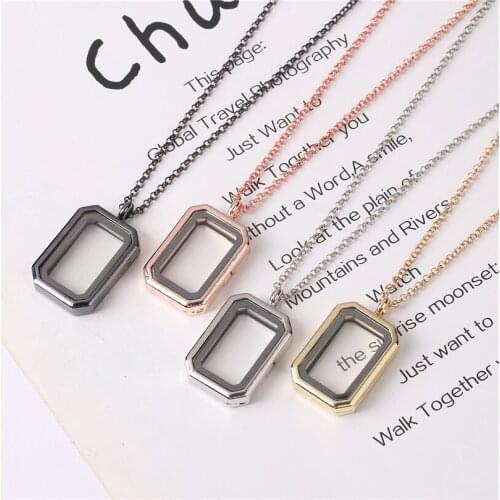 10pcs/lot Rectangle No Rhinestones floating charms Plain locket glass living memory lockets necklace 60cm chains for women