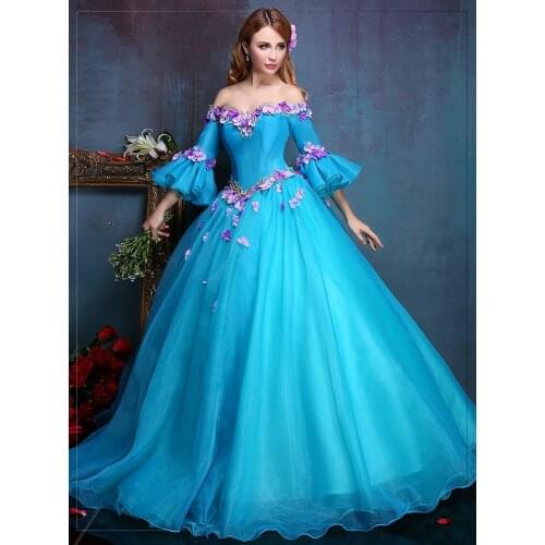 100% real luxury blue flower embroidery flare sleeve long medieval dress Renaissance gown queen Victorian Belle Ball gown