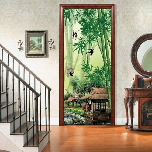 2 Pcs /set Green Bamboo Wall Stickers Wallpaper Chinese Style Door Sticker Mural PVC Waterproof Bedroom Home Decor Poster