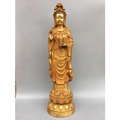 25" Tibet Buddhism Old Bronze Gilt Clean bottle Guanyin Bodhisattva Statue Full-length portrait Avalokitesvara Enshrine