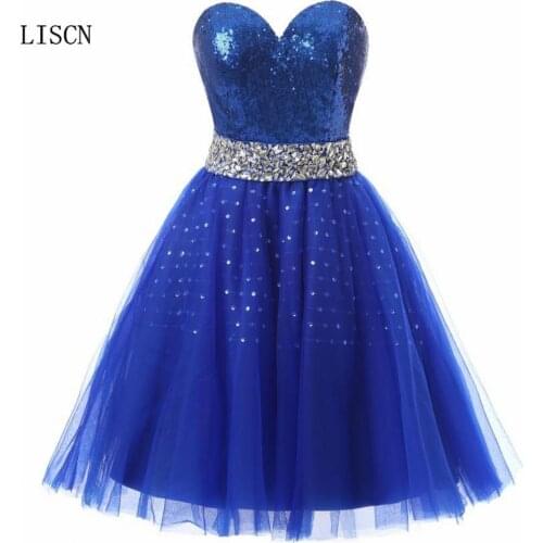 Sequined Royal Blue Short Knee Length Crystal Corset A Line Tulle Cocktail Gown Formal Party Prom Dresses Homecoming Open Back