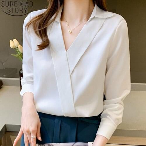 White Shirts Long Sleeve Blouse 2021 Autumn New Chiffon Shirts Korean Fashion Women V-neck Loose Office Lady Tops Elegant 16842