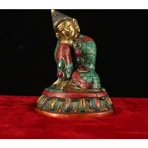 Tibetan Buddhist handmade Sleeping buddha Statue,Old Pure copper buddha sculpture Inlaid with semi-precious stones Turquoise