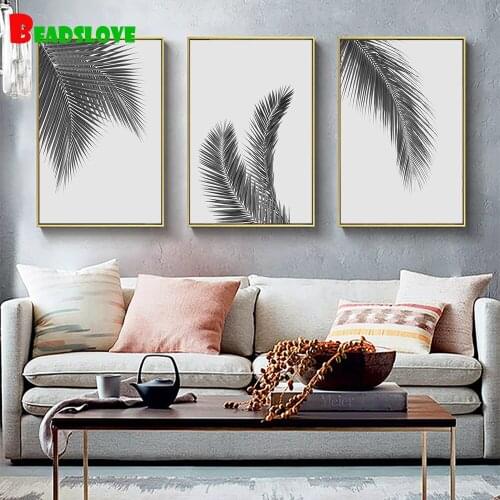 Black White Plant Leaves Abstract Pattern 3 Pieces Diamond embroidery full round square Diamond painting mosaic puzzle set