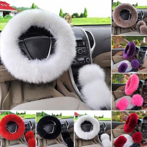 Long Plush Warm Wool Steering Wheel Cover Woolen Handbrake Car Accessory Auto Fur 3pc Sheep Fur Plush Protector Cover Kit
