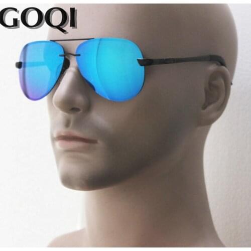 GOQI ,Iconic fashion pilot model men metal frame polarized sunglasses ,63MM rimless classical unisex holiday leisure gafas