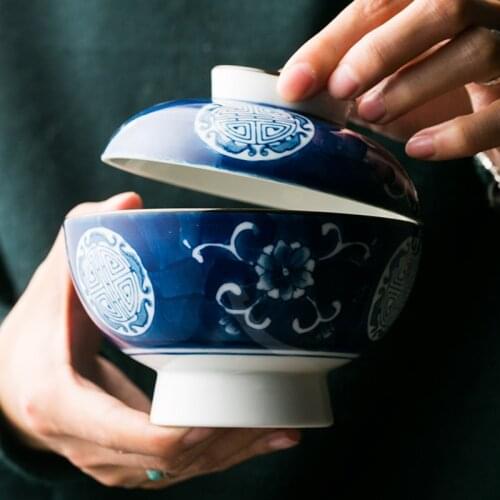 Chinese creative tableware hand painted ceramic bowl with lid rice soup noodle household stew cup cover dinnerware