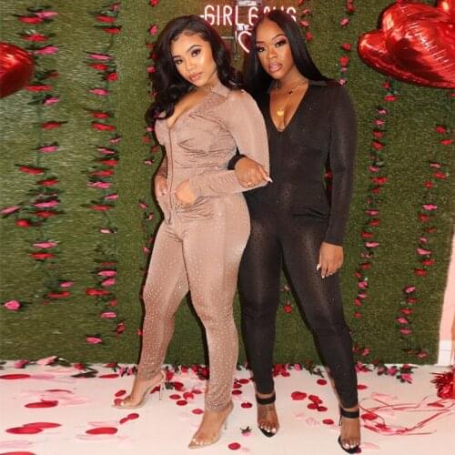 TNNAOFF Rhinestone Zip Bodycon Romper for Womens Fall Clothes One Piece Club Outfits Streetwear Long Sleeve Jumpsuit Overalls