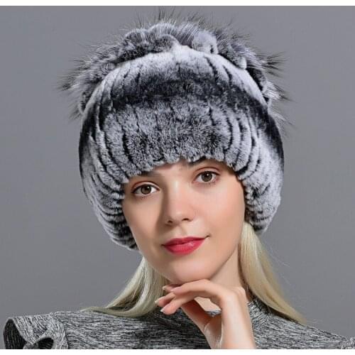 Fur Women‘s Hats Women Winter Real Rex Rabbit Hat Fox Fur Kniting Female Warm Snow Caps Ladies Elegant Princess Beanies Cap