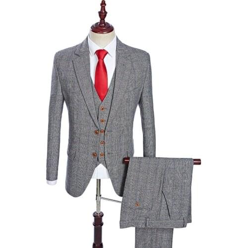 Mens 3Pieces Suit Woollen Formal Plaid Single Breasted Slim-Fit SuitsCocktail Party Wedding Custom Made Suit