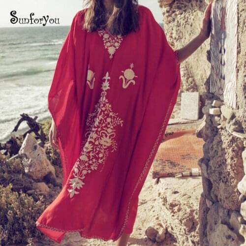 Plus size Red Cotton Beach Dress Embroidery Robe de Plage Bikini cover up Beachwear Pareos de Playa Mujer Beach tunic Cover ups