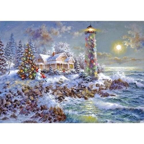 New Year Christmas Decoration Diamond Embroidery Lighthouse Diamond Painting round Rhinestone Fashion Scenery Mosaic Painting