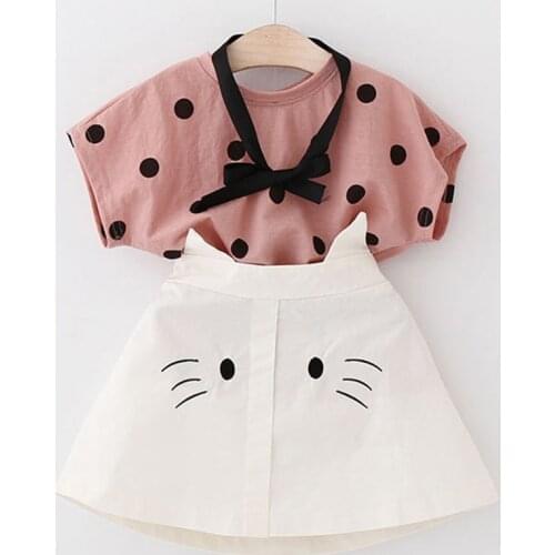 2T Girls Clothes Summer Toddler Girl Sets Kid Clothes Dot Short Sleeve Top + Cartoon Cat Skirt 2 Piece Set Girl Set Dress