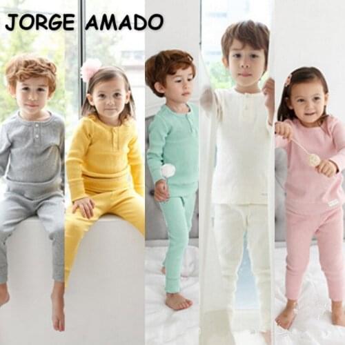 2021 New Autumn Kids Girls Boys Pajamas 2-pcs Sets Long Sleeves Candy Color Protecting Stomach Top + Pants Toddler Clothes E9211