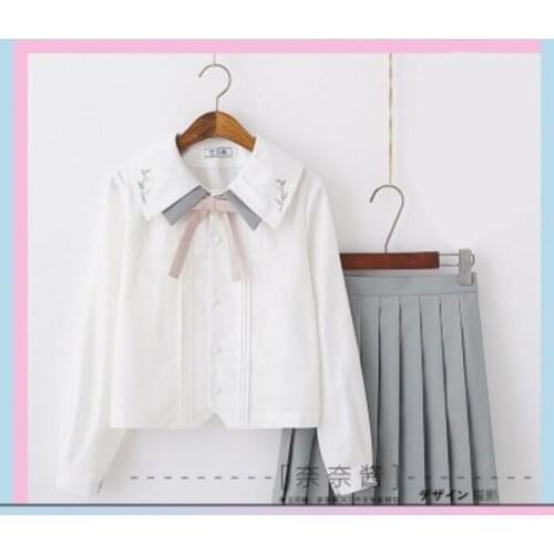 Double Doll Collar Jk School Uniform Cute Girl Daily Sailor Suit Dress Kawaii Exquisite Embroidery Bowknot Preppy Suit Top +skir