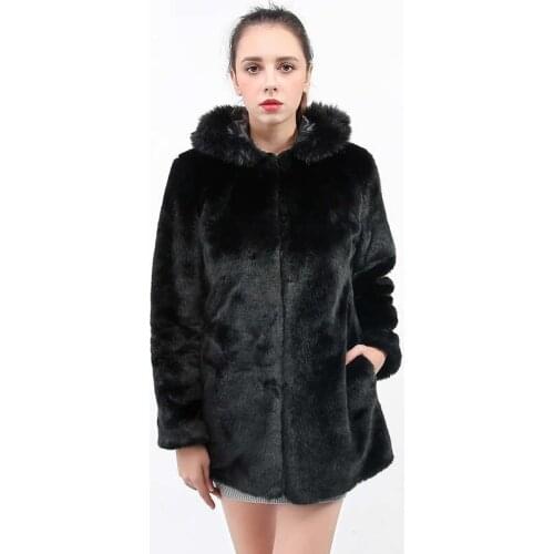 TUHAO Winter Women Hooded Faux Fur Coat VINTAGE Warm office lady elegant Loose Black Female Jacket Coat Plus size coats