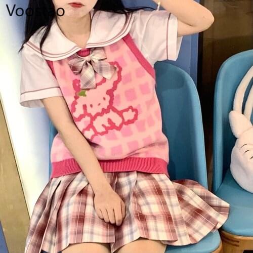 Japanese Sweet Lolita Style Strawberry Doggy Knitted Pullovers Spring Autumn Women Loose JK Sweater Vest Girly Chic Waistcoat