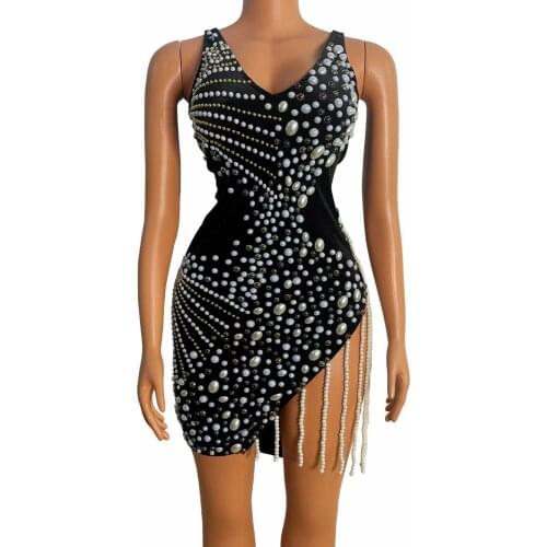 Womens Fashion Dancer Evening Singer Dresses Pearls Fringe Irregular Latin Dress Birthday Celebrate Prom Backless Outfit