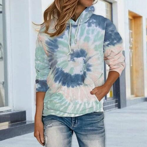 Womens Fashion Loose Casual Tie Dye Printed Hooded Long Sleeve Sweatshirt Tops