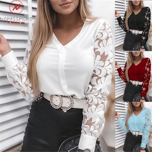 Retro Women Solid Color T-Shirts Hollow Out Design Lace Decor See Through V-Neck Long Sleeve Spring Autumn Slim Pullovers Top