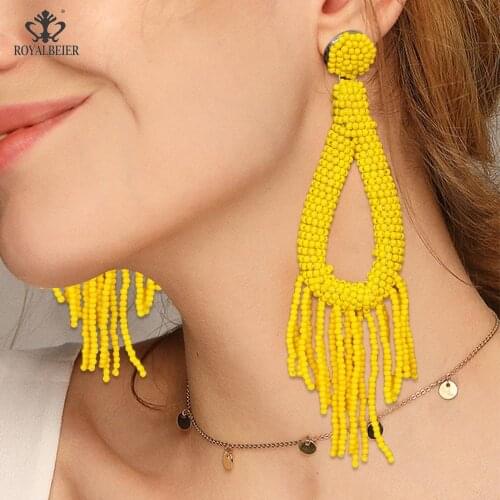 ROYALBEIER Trend New Hand-Woven Beaded Earrings Bohemian Female Tassel Earrings Drop Pendant Earrings