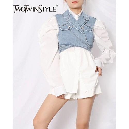 TWOTWINSTYLE Elegant Suit For Women Lapel Long Sleeve White Shirt Denim Cross Short Coat Casual Two Piece Set Female 2020 Autumn