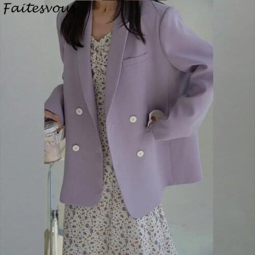 Womens Blazers Spring Autumn Korean Purple Oversize Suit Jacket Office Ladies Double Breasted Notched Coats