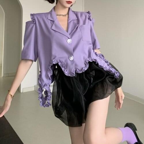 Purple Blazer Jackets Mini Skirts Two Pieces Womens Summer Thin Short Sleeve V-neck Lace Short Retro Slim Suit Jacket