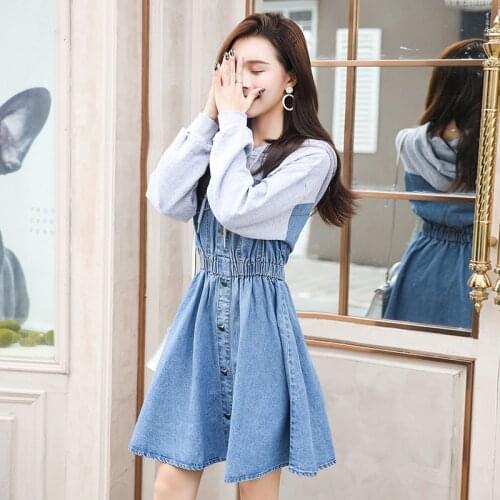 Korean Loose Fit Women Jeans Dress Elastic Waist Spring Hooded Student Long Sleeve Denim Dresses Cowboy Casual Vestidos Clothing