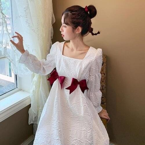 New French Renaissance Summer Sweet Girl Gentle Vintage Elegant Woman Lace Fairy Dress Bow Square Collar Cute Lolita Girly Dress