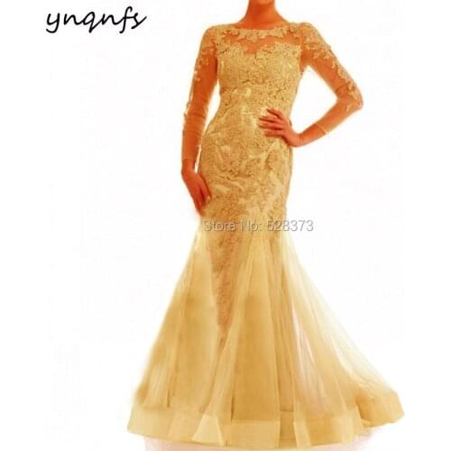 YNQNFS Gold Gown Formal Dress Women Elegant Mermaid Mother of the Bride Dresses Lace Appliques Ruffles Long Sleeve MD330