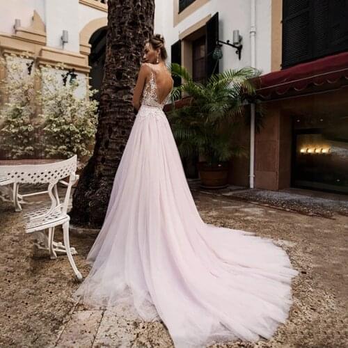 Sexy Sheer Spaghetti Straps Lace Wedding Dress V-Neck Elegant Backless Bridal Gowns for Women vestidos de novias