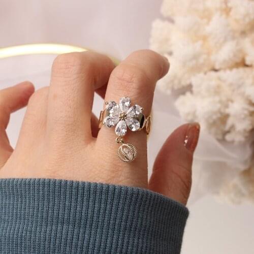 2020 Korea New Design Fashion Jewelry Exquisite Copper Inlaid Zircon Flower Hollow Ball Female Opening Adjustable Ring