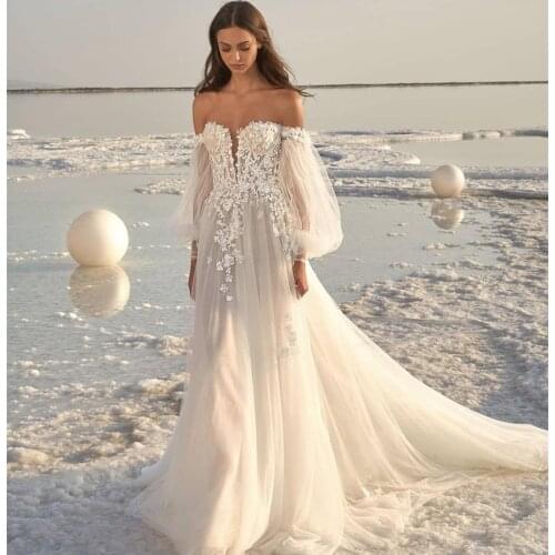Beach Wedding Dress 2021 Off Shoulder Simple Long Sleeve Custom Made Floor Length White Tulle Bridal Gowns Sweep Train