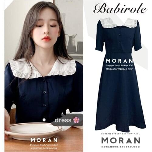 2021 summer vintage sweet peter pan collar dress women high waist short sleeve a-line dress