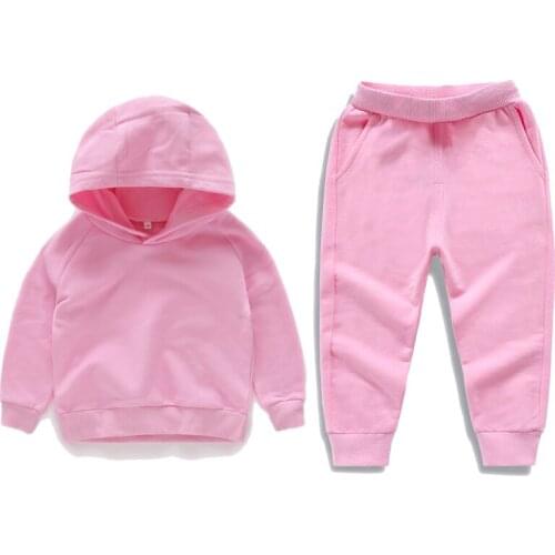 ZWF447 Autumn Winter Toddler Boys Girls Clothes Sets Solid Kid Top Hooded Pullover + Trousers Pants Cotton Clothes for Children