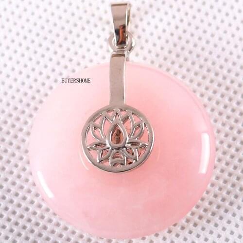 Necklace Pendant 30MM Natural Stone Pink Crystal Round Bead for Women Girls Jewelry Gift Lotus Flower 1Pcs K747