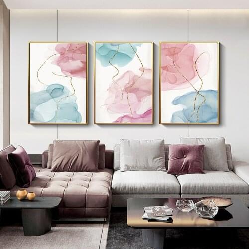Abstract Blue Pink Flow Gold Line Marble Canvas Painting Print Poster Picture Wall Office Space Living Room Modern Decoration