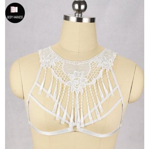 Tassels White Lace harness cage frame bra body harness pastel goth bondage lingerie sexy lace harness bra body cage