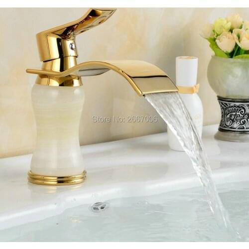 Free Shipping Hotel New arrival Faucet Marble & Brass Basin Sink Faucet Deck Mount Waterfall Golden Bathroom Mixer Taps ZR802
