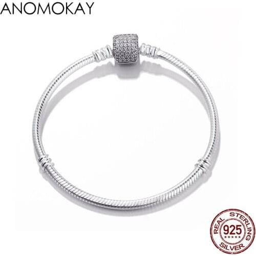 Anomokay Classic 100% 925 Sterling Silver Basic Bracelet Chain with Silver Snake Clasp Fit Charm Bracelets & Necklaces