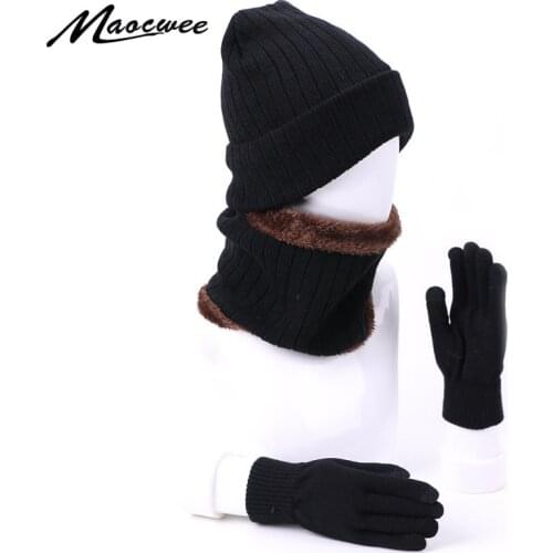 Knitted Winter Hat Scarf Gloves Set With Lining Women Men Thick Warm Outdoor Beanies Hat Touch Screen Gloves Soft Ring Scarf Set