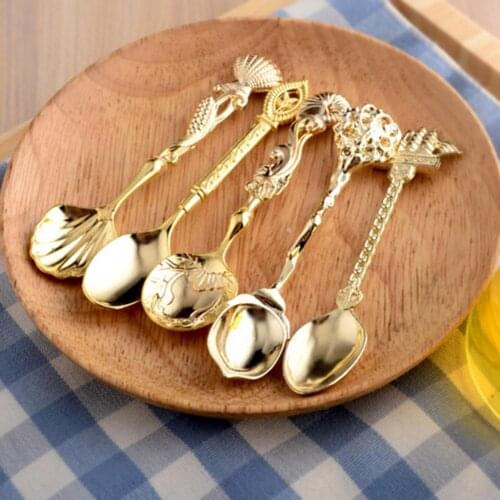 5Pcs/Set Coffee Scoop Antique Graceful Shape Alloy Royal Style Table Spoon for Home