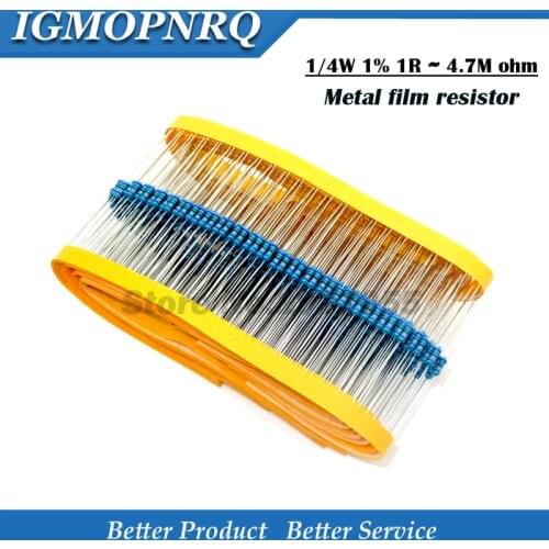 300pcs 1/4W Metal film resistor 1R~2.2M 1% 10K 22K 47K 100K 100 220 1K5 100R 220R 1K 1.5K 2.2K 4.7K 4K7 ohm