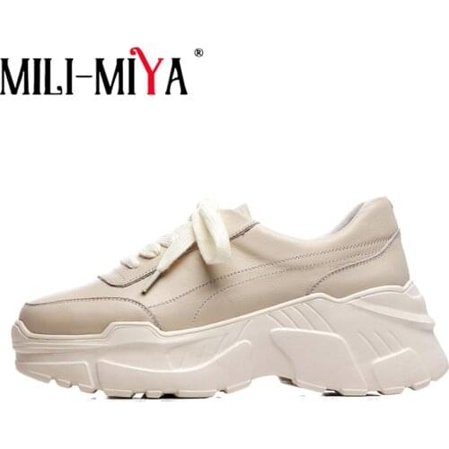 MILI-MIYA 2020 New Fashion Genuine Cow Leather Sneakers Brand Woman Round Toe Thick Bottom Vulcanized Platform Dad Shoes