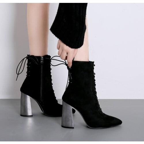 Fashion Silver Patent Leather Women Ankle Boots Pointed Toe High Heel Boots Sexy Cross-tied Women Pumps Chelsea Boots