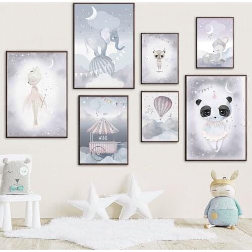Cartoon Fox Elephant Deer Panda Moon Hot Air Wall Art Canvas Painting Nordic Posters And Prints Wall Pictures Kids Room Decor
